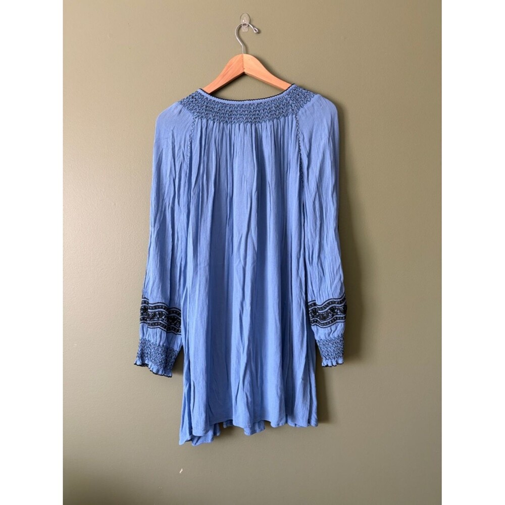 Free People Blue Gauzy Wind Willow Embroidered Boho Long Sleeve Mini Dress Sz L - Picture 6 of 6